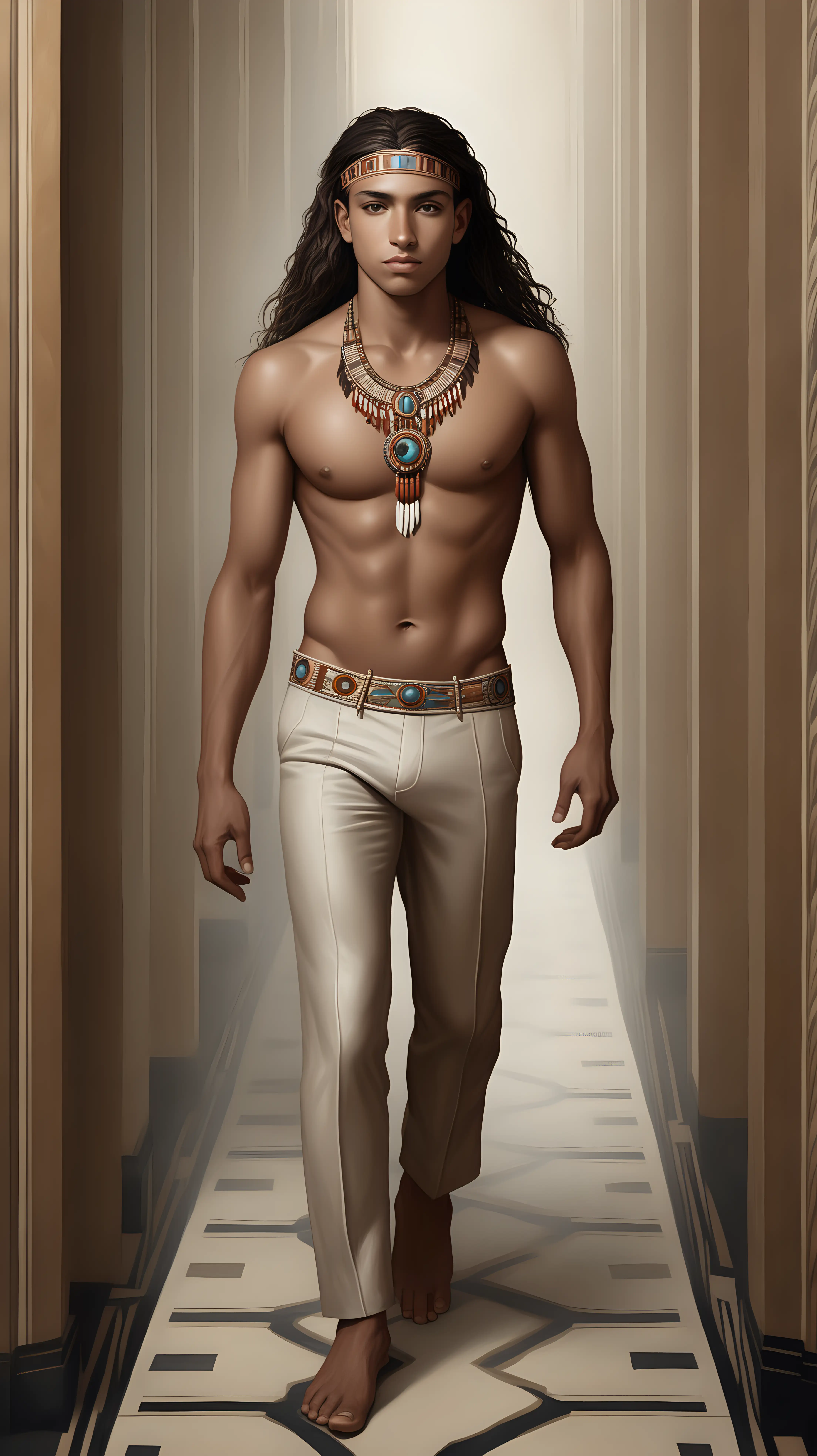 a hyperrealistic picture of a beautiful young mixed race man of 50%Latina, 30%African and 20%German origins with dark-brunette long hair with a feather, hazel eyes, medium brown skin, only wearing long shirtless pants with a mix of Native-American, Latin-American and art-deco ornamentation and necklace, walking elegantly, looking sensual into the camera, hyperrealistic,(full body)