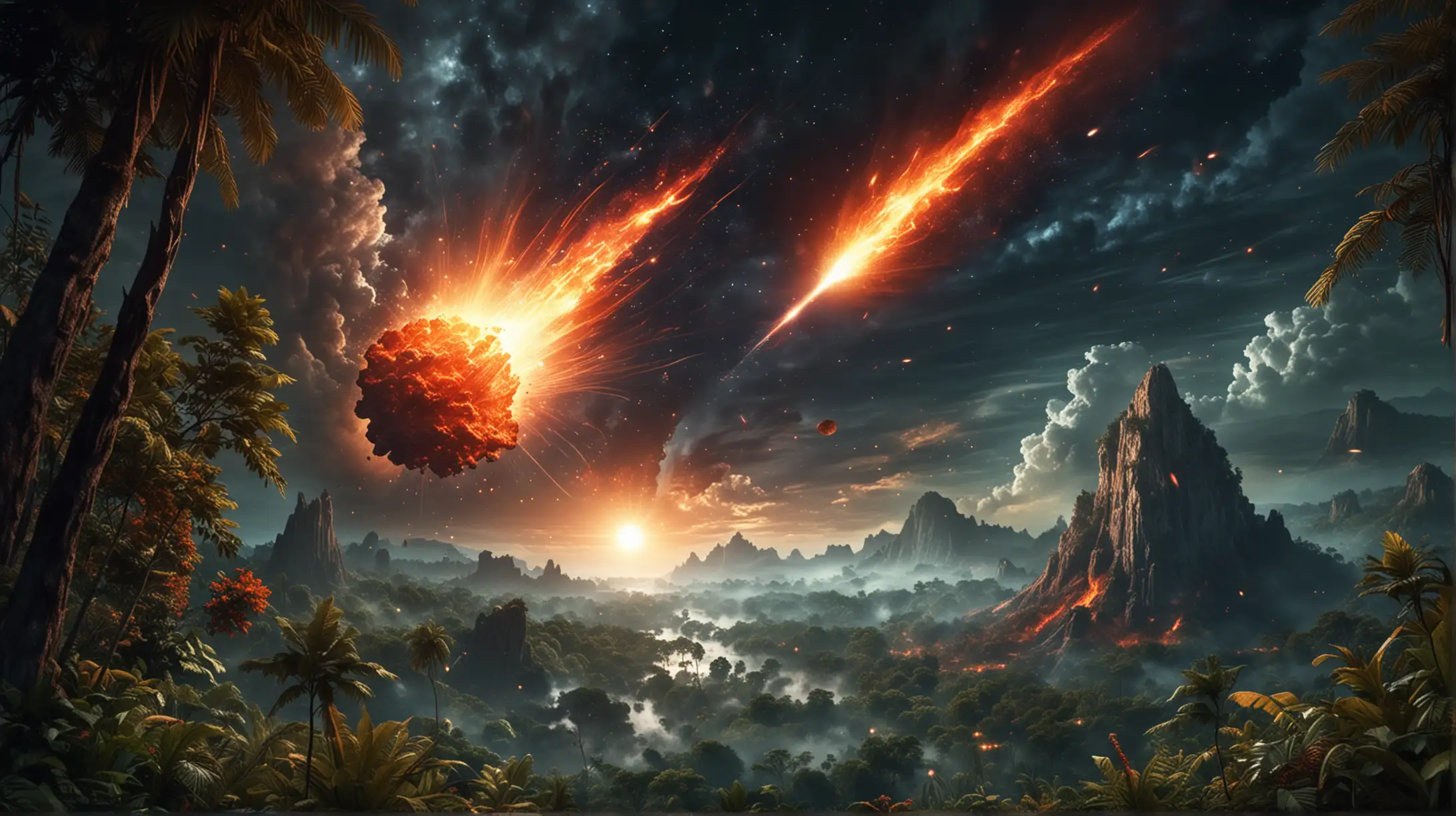 Giant Burning Comet Falling Towards Earth in Jungle Setting