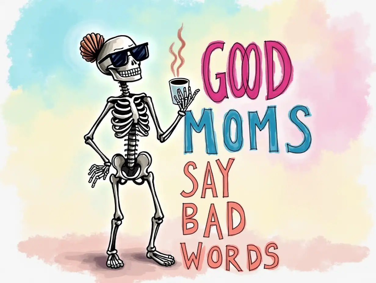 Abstract-style. Skeleton character in a playful and humorous pose, wearing oversized sunglasses and having a stylish bun hairstyle, holding a coffee cup. The backdrop features a gradient sky blending soft pastel colors, creating a whimsical atmosphere. Bold, colorful text overlays the scene, reading 'GOOD MOMS' at the top and 'SAY BAD WORDS' at the bottom, in vibrant, eye-catching fonts. The artwork has an impressionistic style with a modern twist, emphasizing fun and lightheartedness, with a focus on vibrant hues like pinks, blues, and yellows to enhance the playful mood.