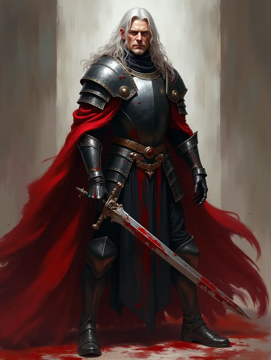 user_prompt: Oil painting, Dark fantasy, male character, ((full body))th, knight of blood, clean ((breastplate)) of black metal, ((light armor)), ((long)) black doublet ((with bloody splashes)), (black bloodstained doublet under the breastplate), ((broad sleeves)), ((bare forearms and hands)), bloody dark red cloak with ((collar)), blue eyes, long wavy pale hair, bloody saber, one sword, ((long hair)), cloak fluttering in the wind, (((blood magic))), ((curved)) sword all over blood, stern face, (dynamic pose), medieval gothic, (scars on hands), bare hands, (((pointed-toe)) leather boots), greaves, bloody bandage, (nimble) fencer