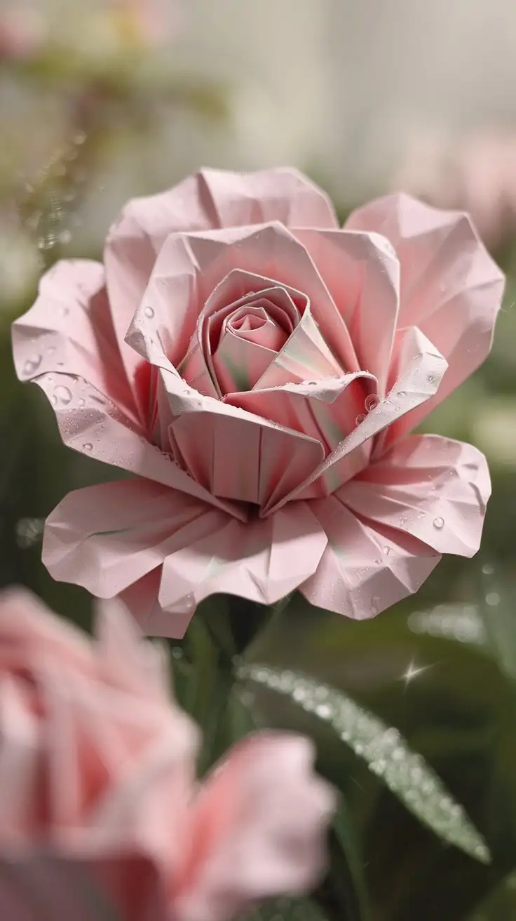 Romantic-CloseUp-of-an-Origami-Rose-in-Full-Bloom-with-Dewdrops