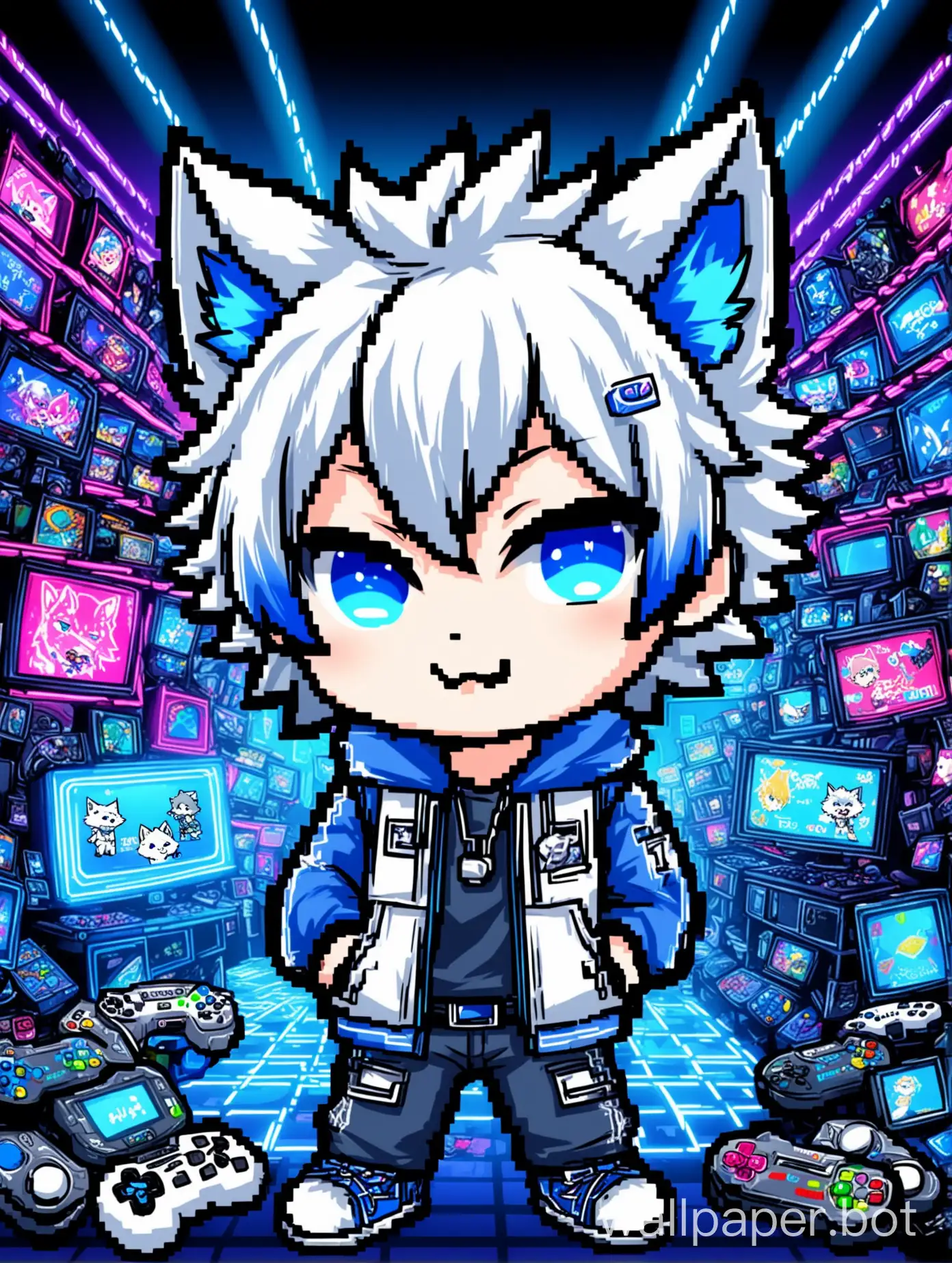 Chibi-WolfBoy-with-White-Hair-in-Neon-Video-Game-Room