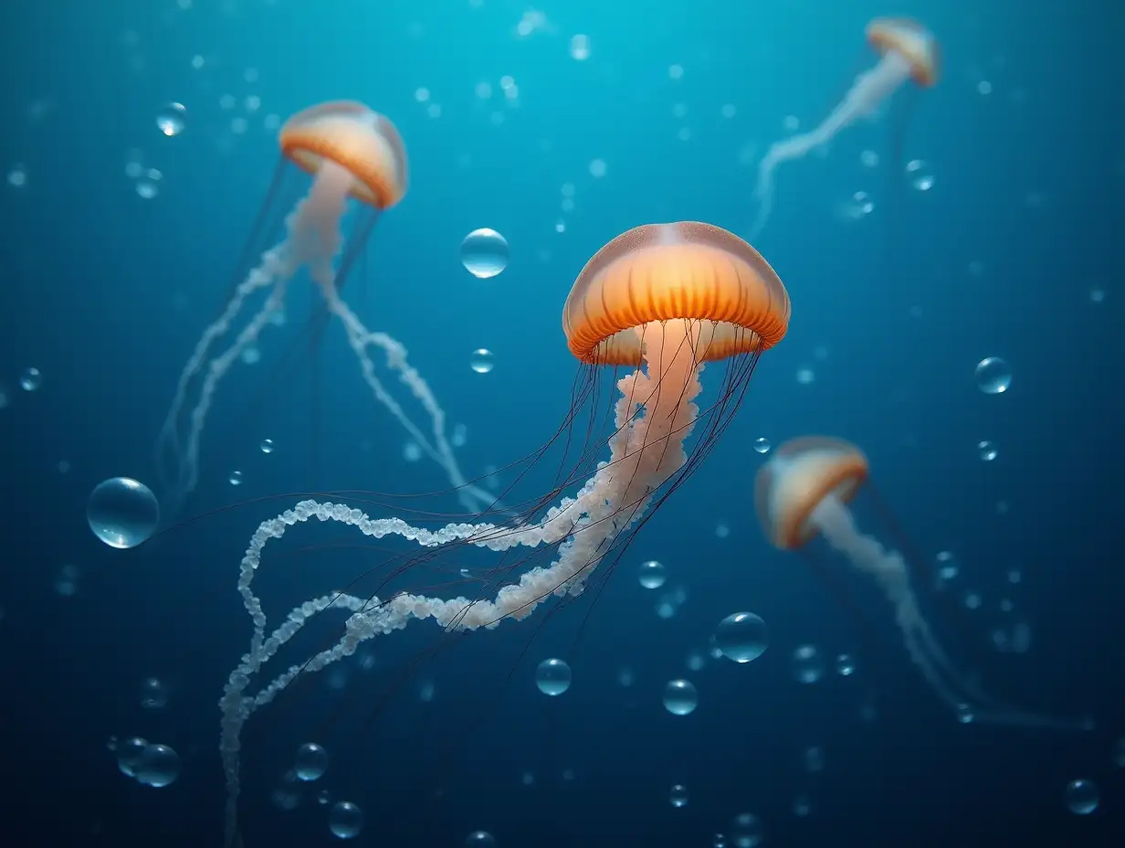 Underwater-Scene-with-Jellyfish-and-Bubbling-Sea