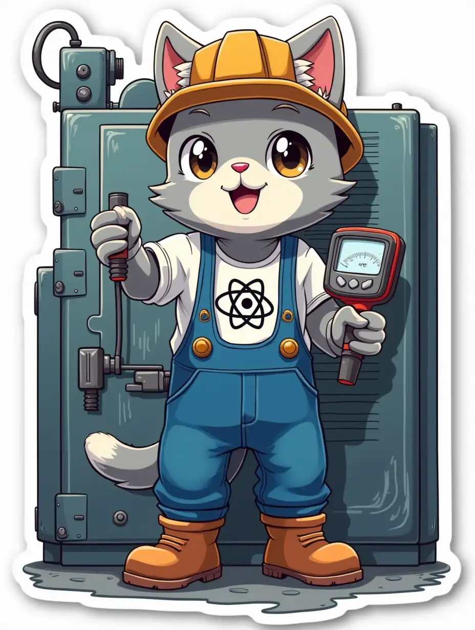 kawaii positive little happy smile anime light gray cat in the image of an industrial worker with blue overalls, protective mask, work boots and protective work helmet with mask with of an atom symbol on t-shirt, stands at a large electrical panel with a current measuring device in his hands. in the background is a futuristic workshop of a machine-building plant.  die cut sticker design top-view, high resolution, vector art, white background, paint in anime style