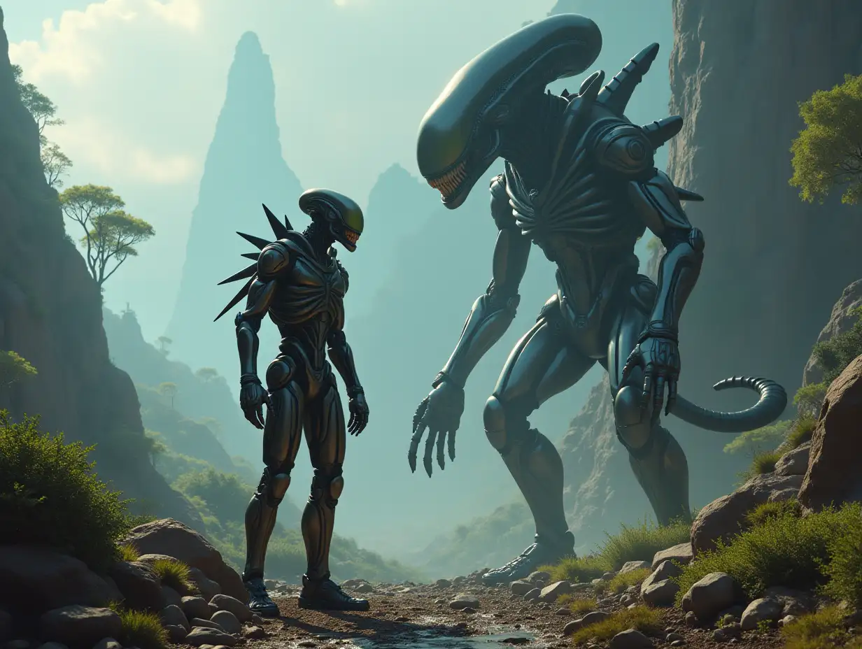 Create AI fantasy with a high-resolution, realistic image of the 40 meter tall artificial Robert and Alien, with battle robots and cell tanks on the Alien on Pandora 4k resolution