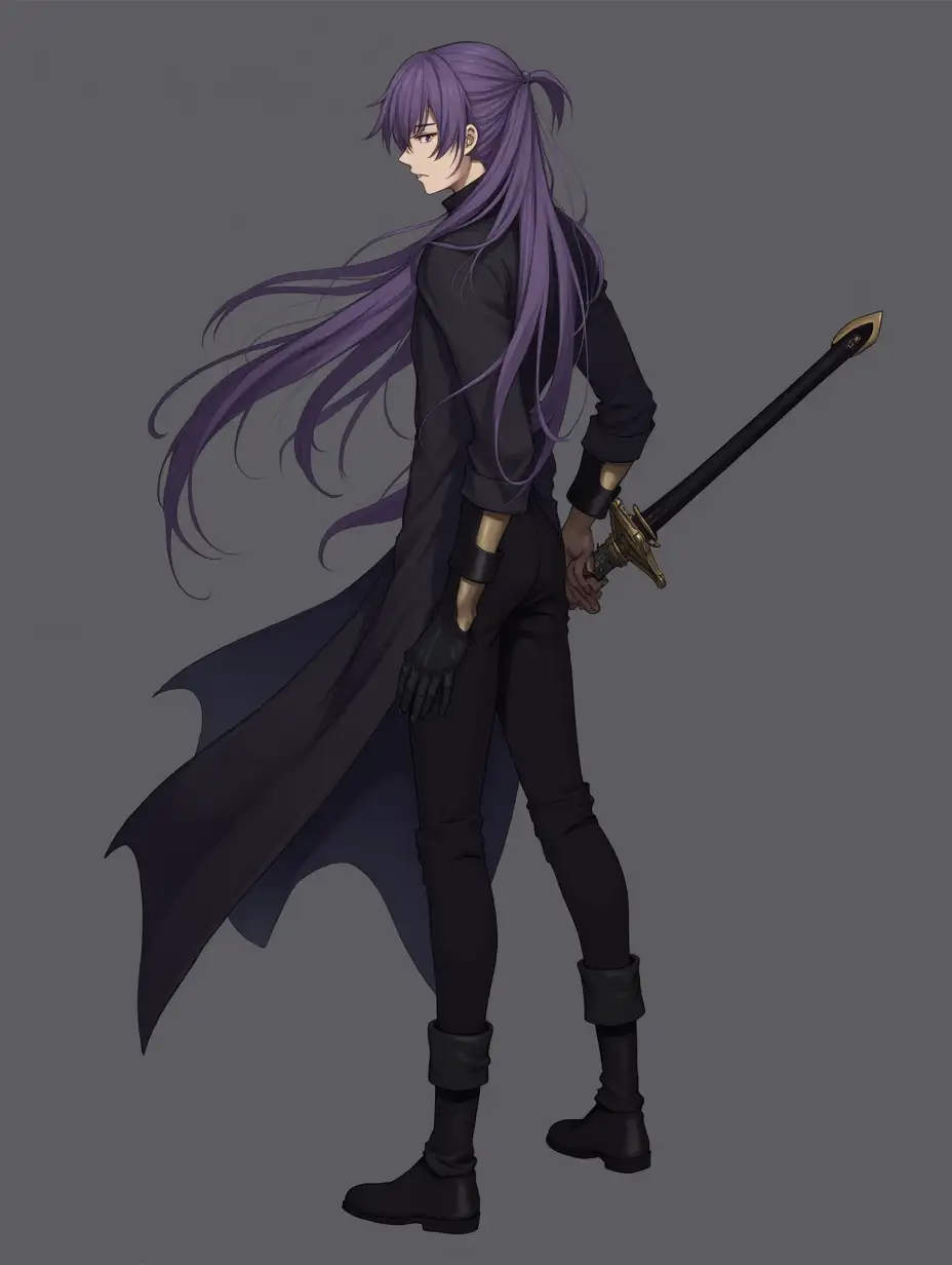 Fantasy character, long purple hair, tied back, long black coat, black pants, boots, sword, without an arm, male, slender, teenager