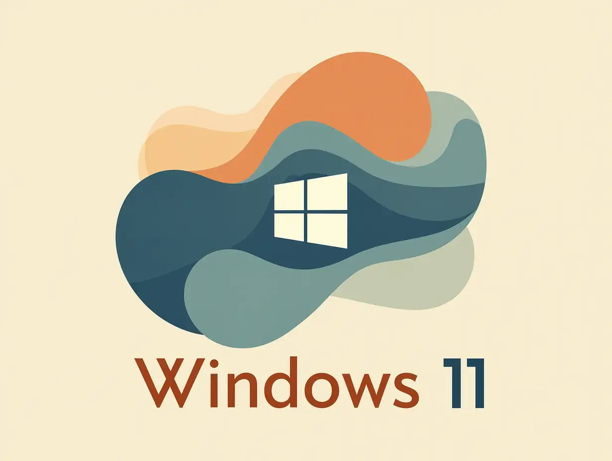 An abstract and minimalistic design inspired by Windows 11, featuring smooth, flowing shapes and curves that resemble the Windows logo. The Windows 11 logo is placed prominently in the center of the composition, at a size similar to the provided reference, maintaining clarity and balance within the design. Below the logo, in bold, vintage-styled text, the words 'Windows 11' are written, matching the aesthetic of the overall design. The style is vintage with a muted color palette, including soft pastels, faded blues, and warm earthy tones. The background is a gradient of muted colors, evoking a sense of nostalgia while maintaining a modern aesthetic. The overall image has a soft, textured feel, resembling vintage posters or classic design styles, with a subtle grain and warmth that adds depth and character.