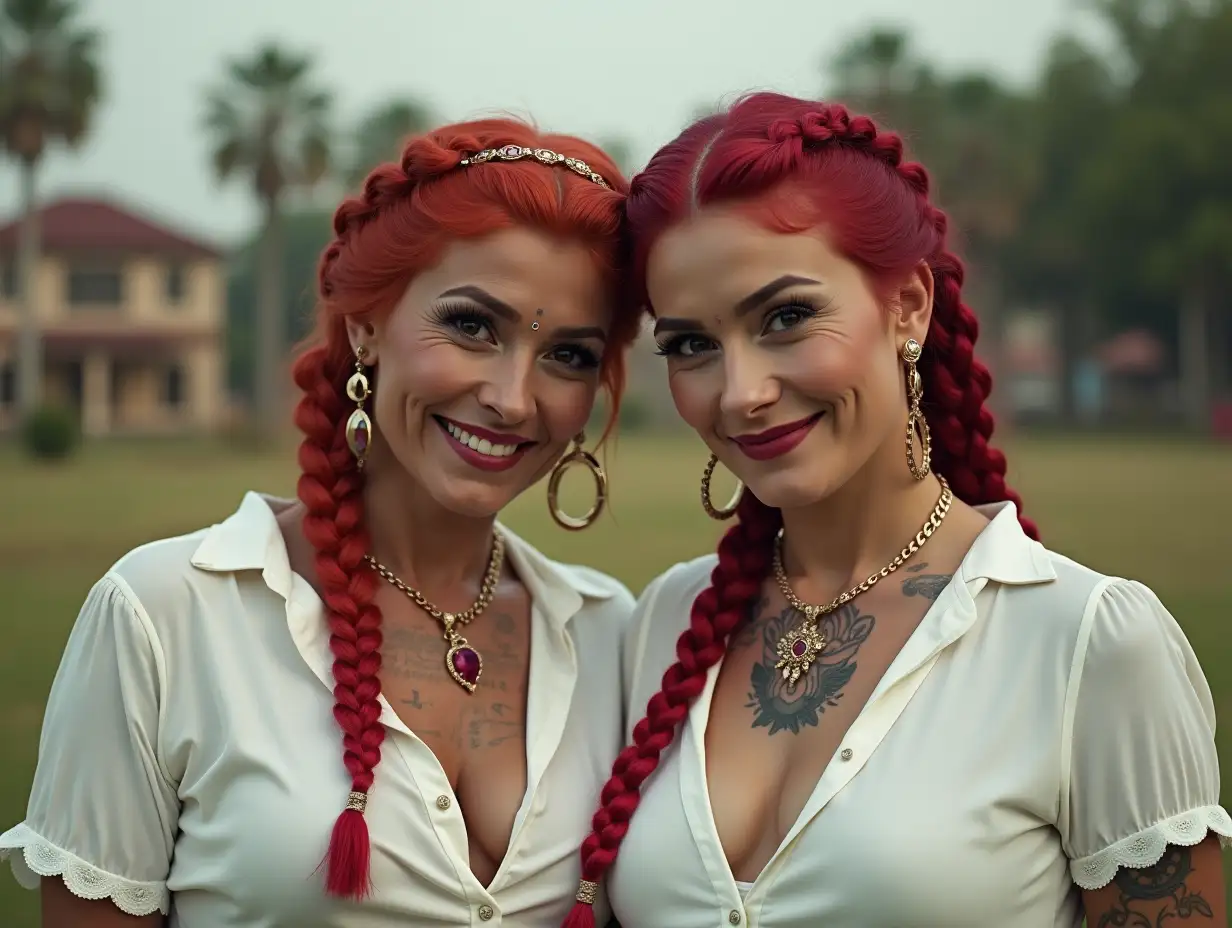 Two white, plump Pin-up girls 70 years old red braids wear low-cut white blouse, ruby gold necklace with a light smile on their face, tattoos, jewelry on the head, lipstick emphasizes their smile, modern jewelry, black skin, in a park with many houses in India Cyberpunk    8k-quality