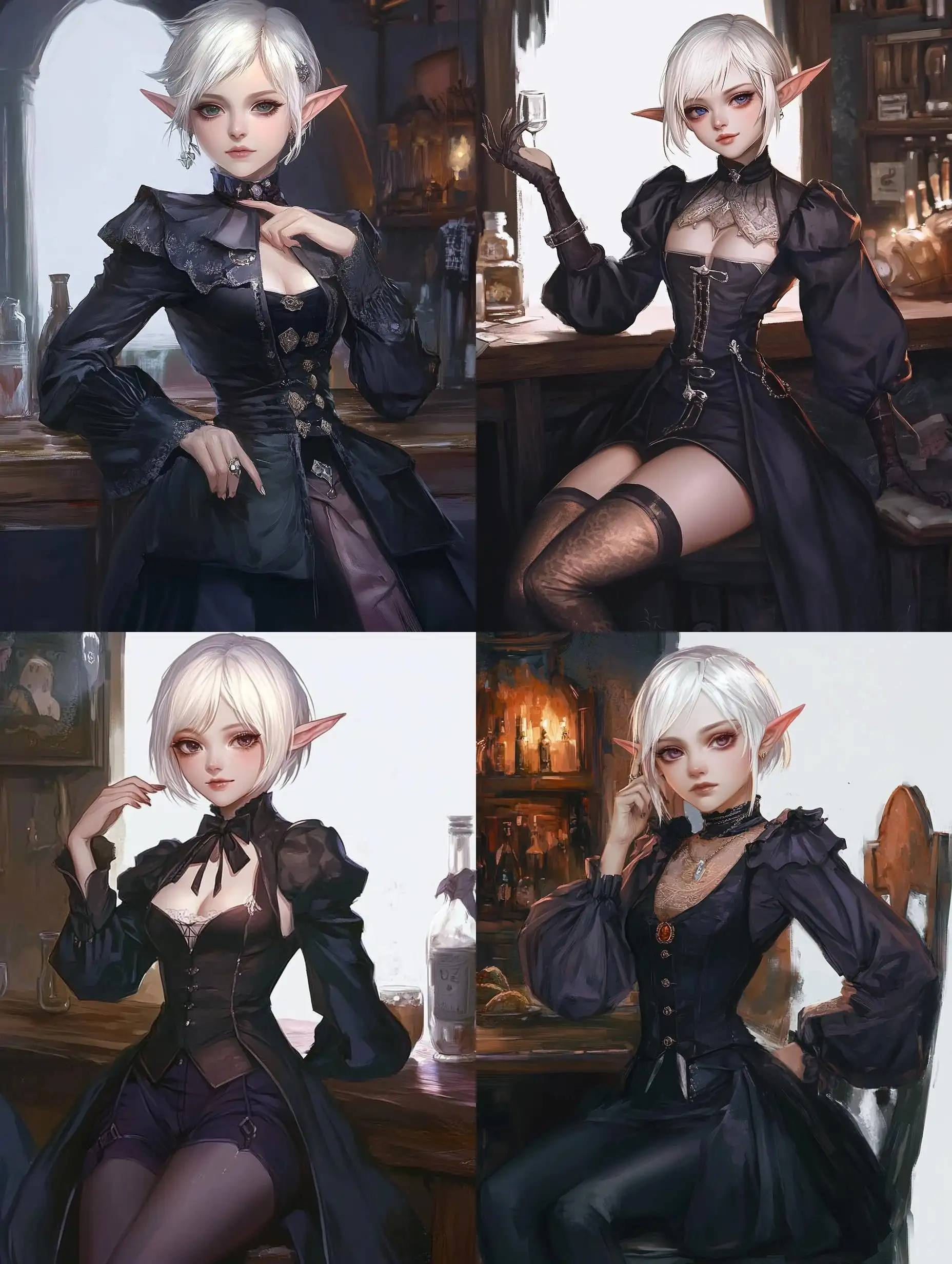 Young-Girl-with-White-Hair-in-Black-Clothing-Sitting-in-a-Tavern