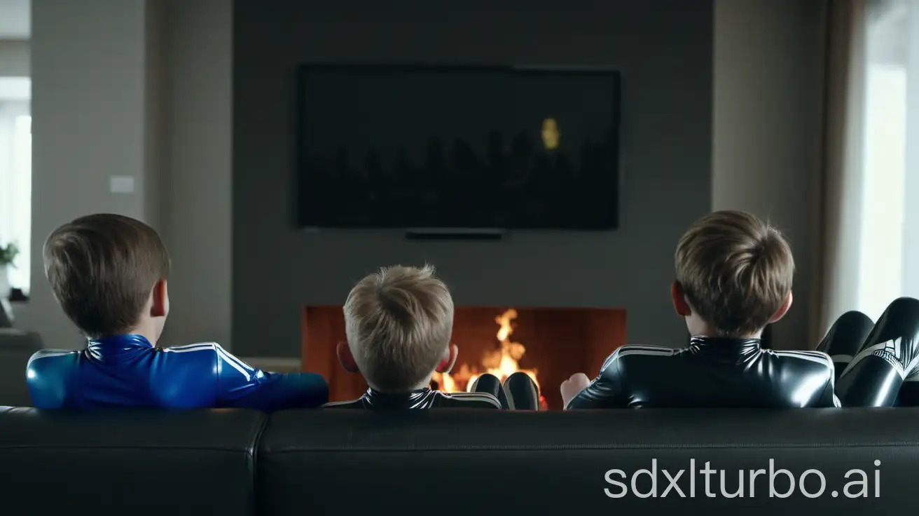 three european boys, wearing tight rubber suits, sitting on a large couch in a large living room, watching a football game on a big tv screen, with a cozy fireplace in the room