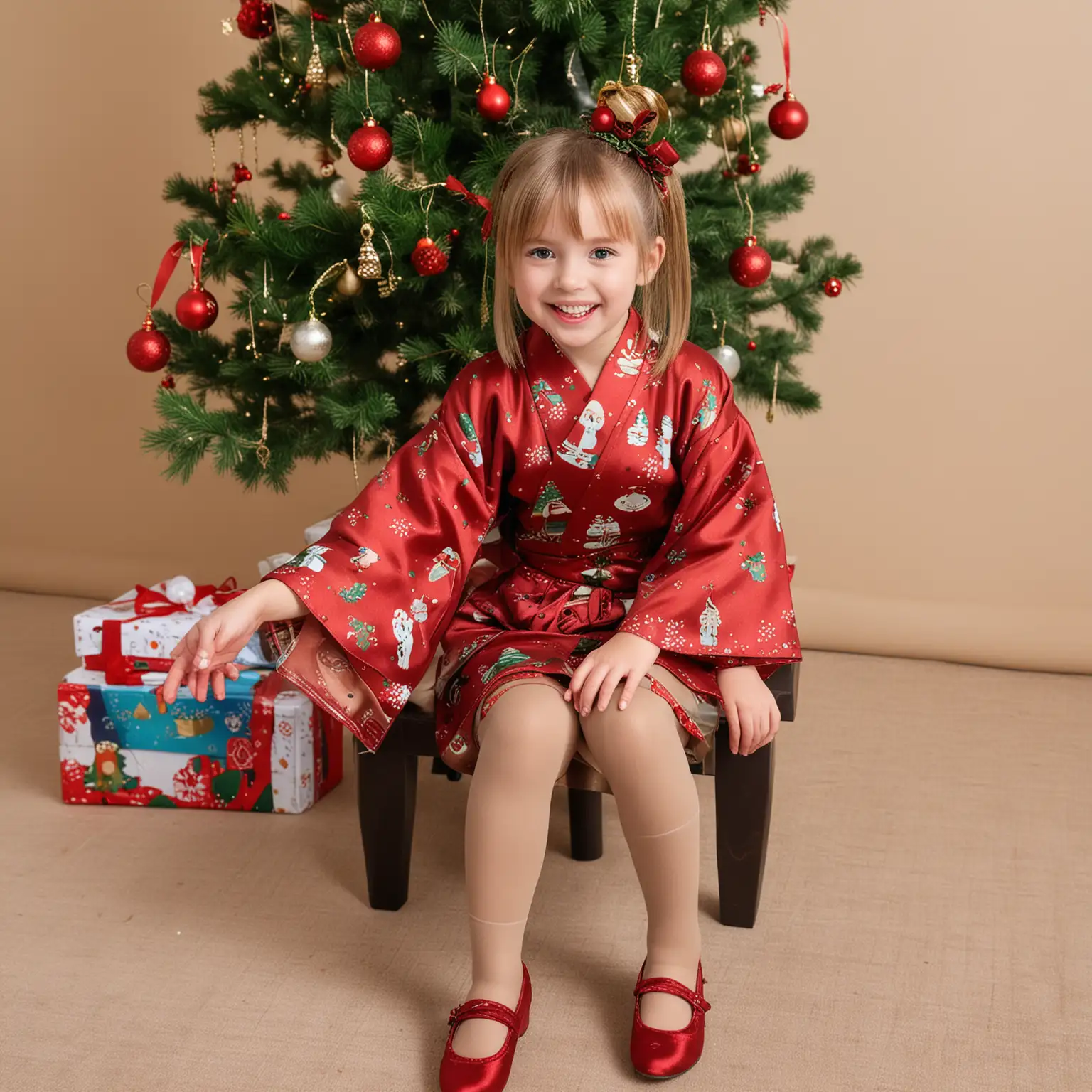 smiling children brown pantyhose satin heels christmas tree pantyhose short kimono pigtails