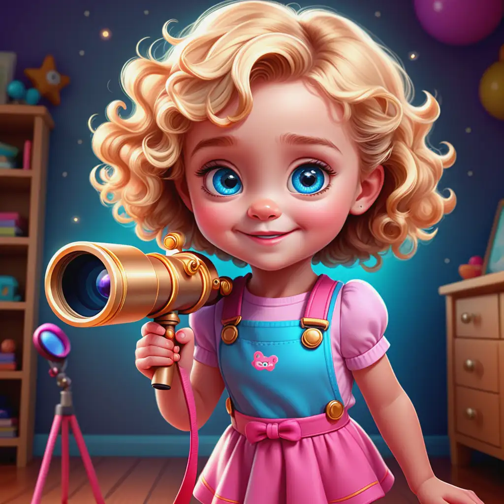 Curious 3YearOld Girl with Golden Telescope in Kawaii Pixar Style