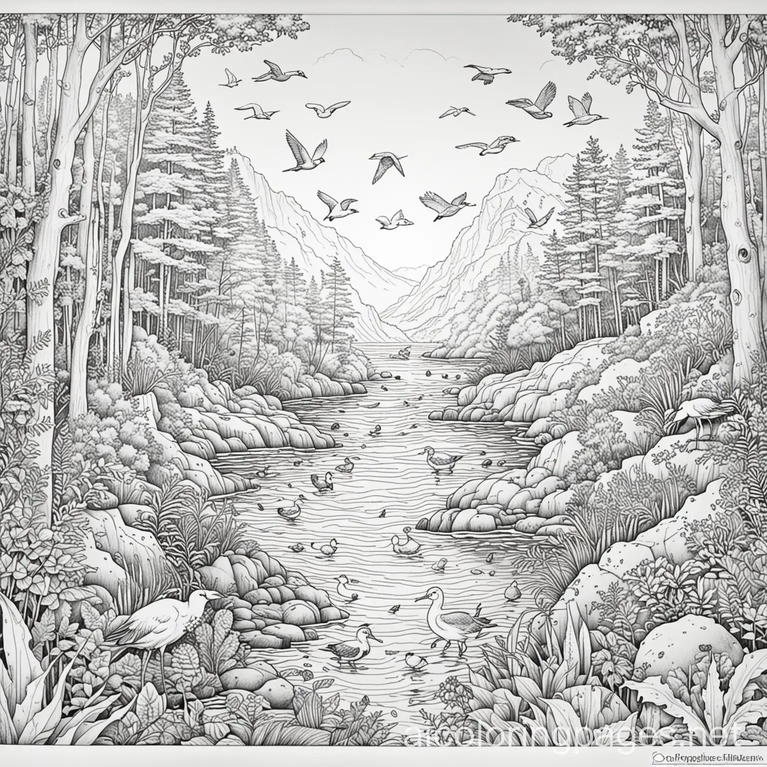 ocean, birds, forest , animals, Coloring Page, black and white, line art, white background, Simplicity, Ample White Space. The background of the coloring page is plain white to make it easy for young children to color within the lines. The outlines of all the subjects are easy to distinguish, making it simple for kids to color without too much difficulty