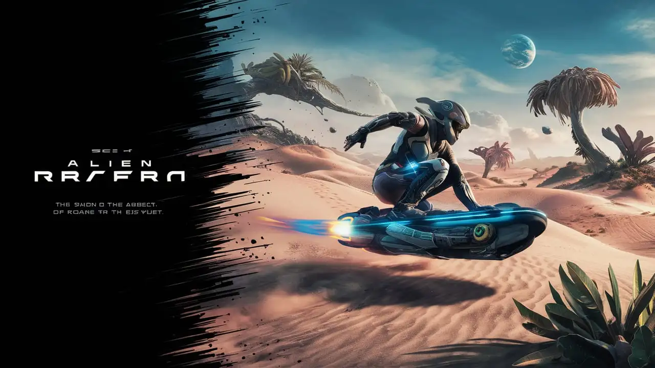 SciFi Futuristic Racing Game Cover Art Alien World with Sand Dunes and Tropical Flora