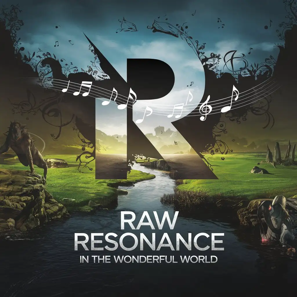 LOGO Design for Raw Resonance Photorealistic Dark Grim World with Green Meadows and Musical Notes