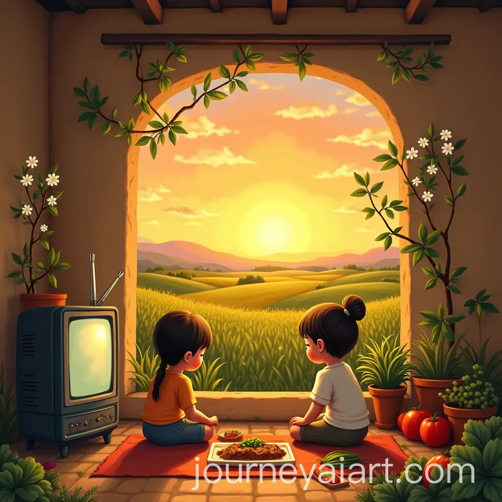 Grandmother-Cooking-with-Love-in-a-Clay-House-with-Children-Jasmine-Flowers-andAI-Art-Prompt-Expansion-a-Sunset-Over-the-Fields