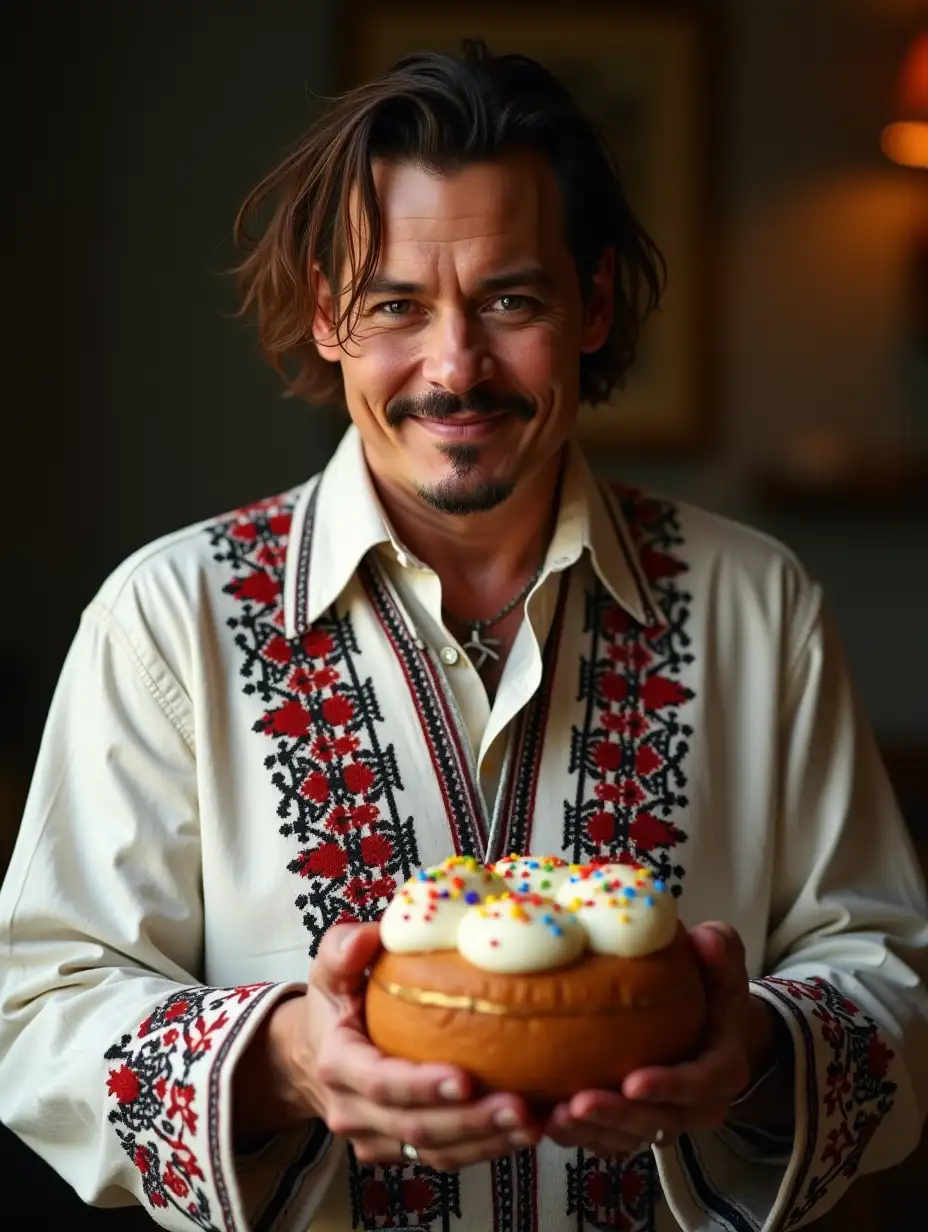 Johnny Depp, dressed in a traditional Russian embroidered vyshyvanka, stands gracefully, holding a beautifully decorated Easter kulich in his hands. His expression is warm and slightly mischievous, with his signature charismatic gaze. The intricate embroidery on his white linen shirt features red and black Slavic patterns, contrasting with his rugged yet elegant look. The kulich is golden-brown, topped with white icing and colorful sprinkles, exuding a festive atmosphere. The background is softly lit, evoking a warm and welcoming ambiance, with subtle hints of Russian Easter traditions. Highly detailed, cinematic lighting, 4K