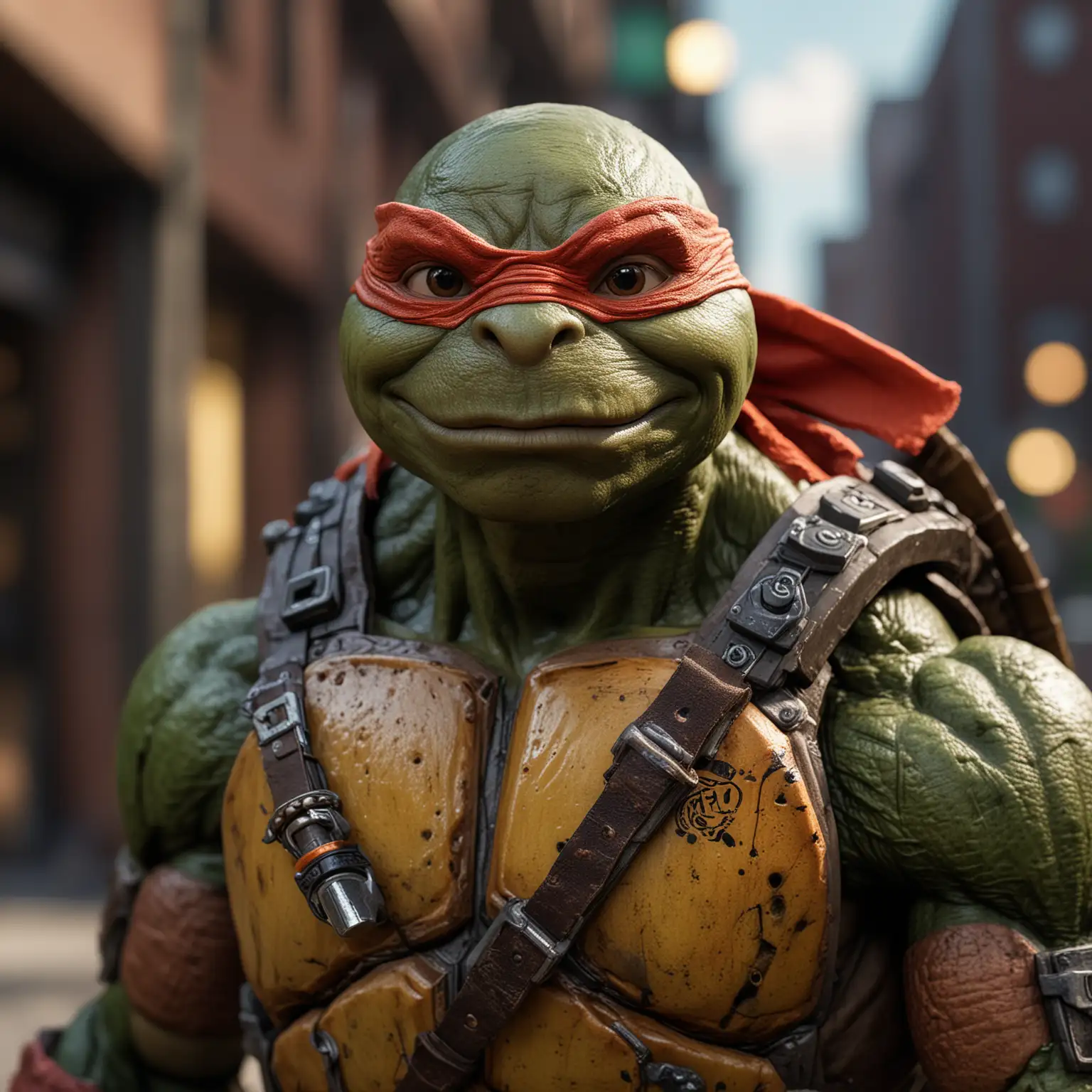 Rafael from Teenage Mutant Ninja Turtles, professional portrait, hyper realistic, ultra detailed photograph, captured with a 85mm lens, f4. 6, bokeh, ultra detailed, ultra accurate detailed, bokeh lighting, surrealism, urban settin, ultra unreal engine, intricate, life-size figures, catcore