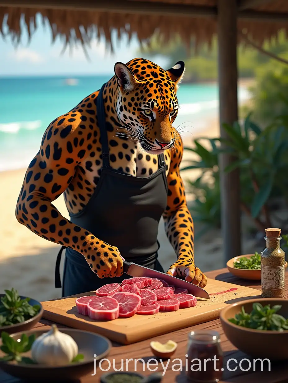 Jaguar-Chef-Preparing-Raw-Rabbit-Meat-in-Tropical-Beach-Kitchen