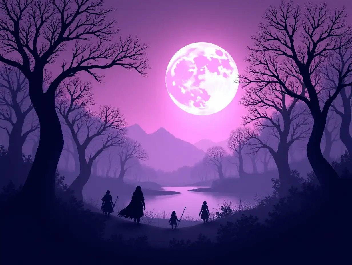 Celtic purple background, animated with an elven moon in the background, add forests, branches and silhouettes of elves. leave a shaded black space 1/4 down from the image