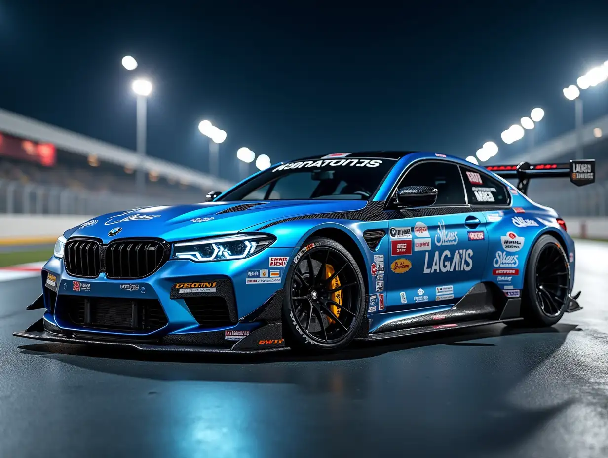 An ultra-realistic image of the customized 2024 BMW M5 G90 hybrid coupe, the only single-door coupe in the world, showcased as a drifting masterpiece on a Formula 1 circuit. The car stands proudly on display, featuring a sleek matte blue finish adorned with vibrant sponsor stickers from top drifting and automotive brands. Its aggressive design is highlighted by a widebody kit, carbon fiber accents, a large rear spoiler, and premium alloy wheels from leading manufacturers, fitted with high-performance drifting tires. The scene is set under bright circuit lights, with the smooth asphalt of the Formula 1 track providing a perfect backdrop. The car’s sharp angles, detailed stickers, and glowing brake calipers emphasize its unique modifications and readiness for high-performance drifting. Style: photorealistic, sharp focus, and cinematic lighting.