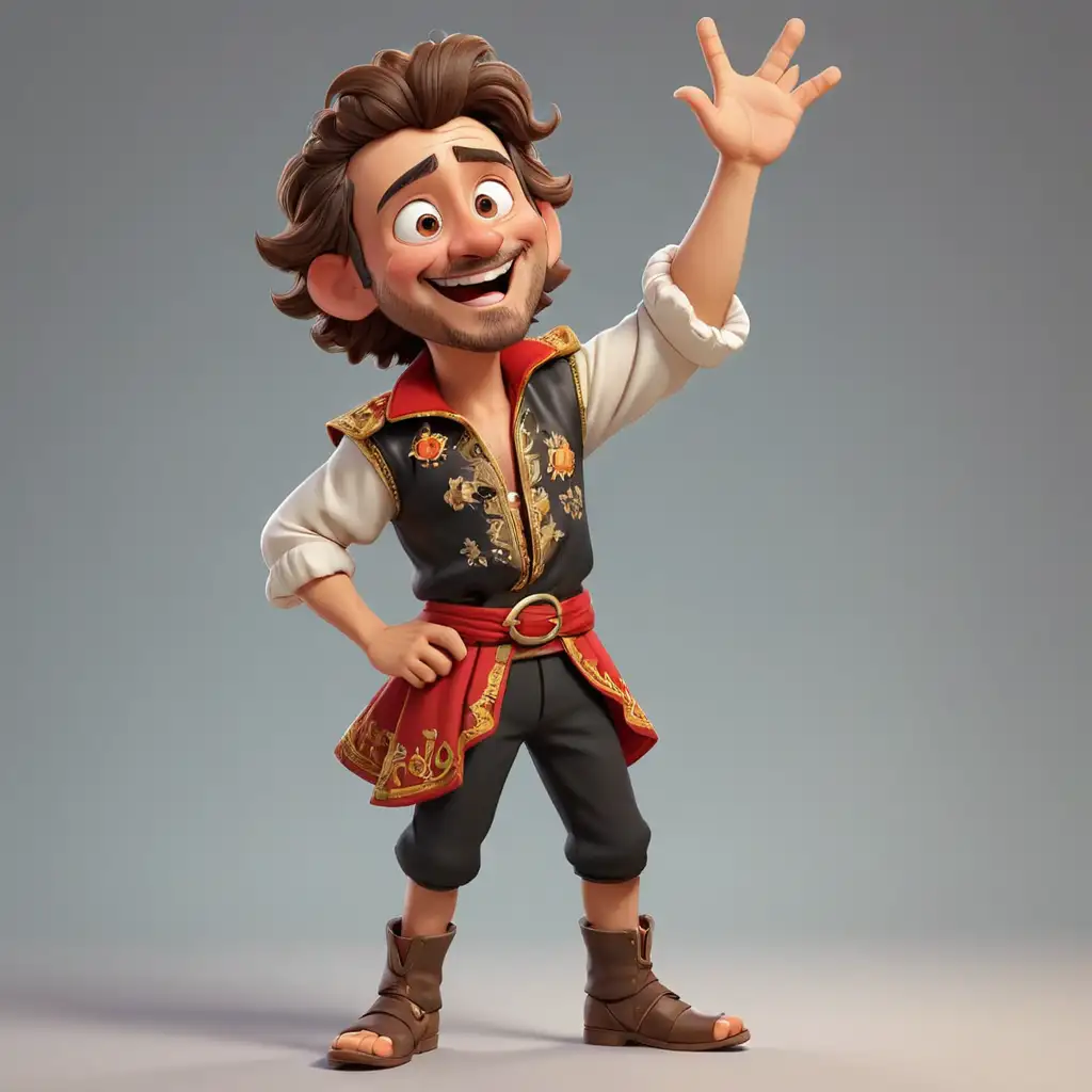 A joyful man in a Spanish national costume, waving his hand, posing like a rockstar, whole body, 3D modern cartoon style, pixar style, chibi