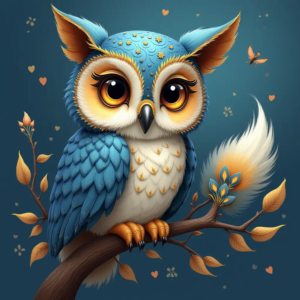 a pretty owl with a fox tail, blue and gold colored