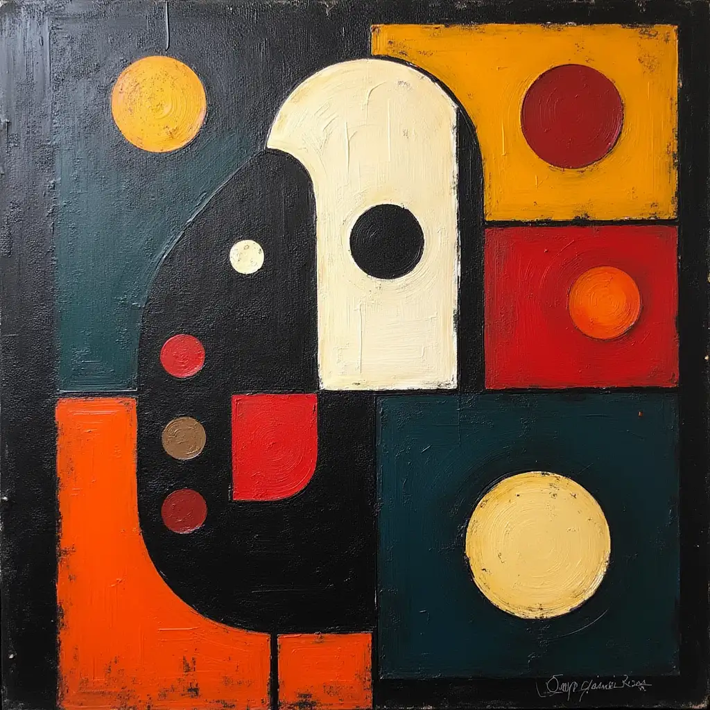 A picture in a checkered pattern, stripe, primitively schematic, minimalism, avant-garde, smile face, darkness in the style of Kandinsky, Malevich, minimalism, simplify for beginner artist acrylic many colors, constructivism abstractionism, rather dark