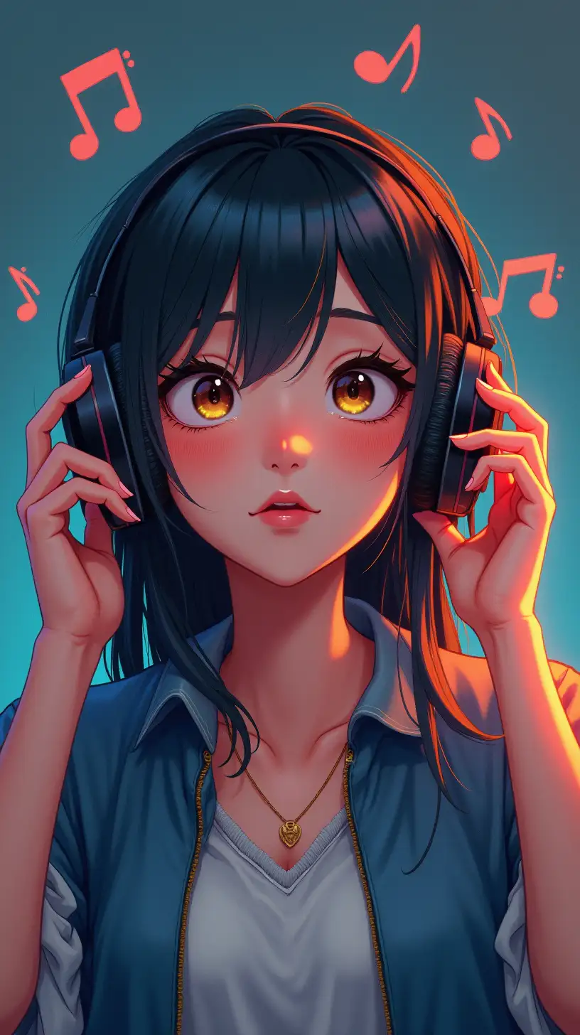 a High definition, lifelike illustration of a hyperrealiam lifelike character listening to music with headphones, surrounded by musical notes.