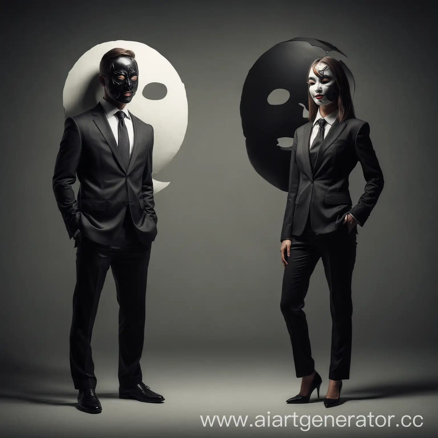 a man and a woman coming out of the shadows in yin yang masks and business suits