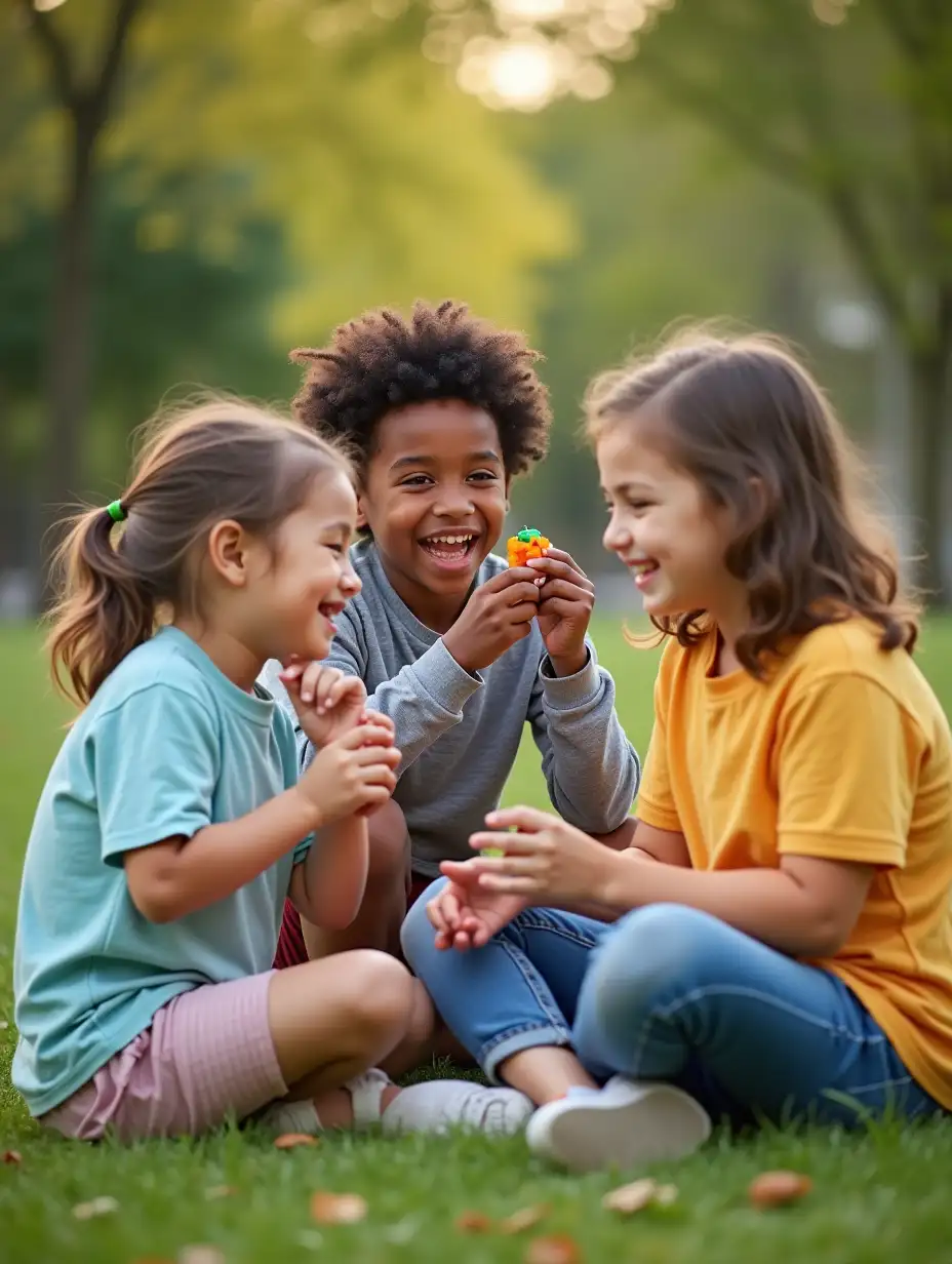 A group of children of different ethnicities playing together in a park, laughing and sharing toys.