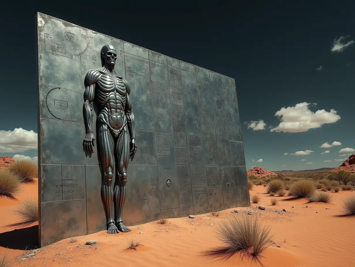 Surreal-Chrome-Plate-with-Human-Anatomy-and-Mathematical-Formulas-in-Australian-Desert