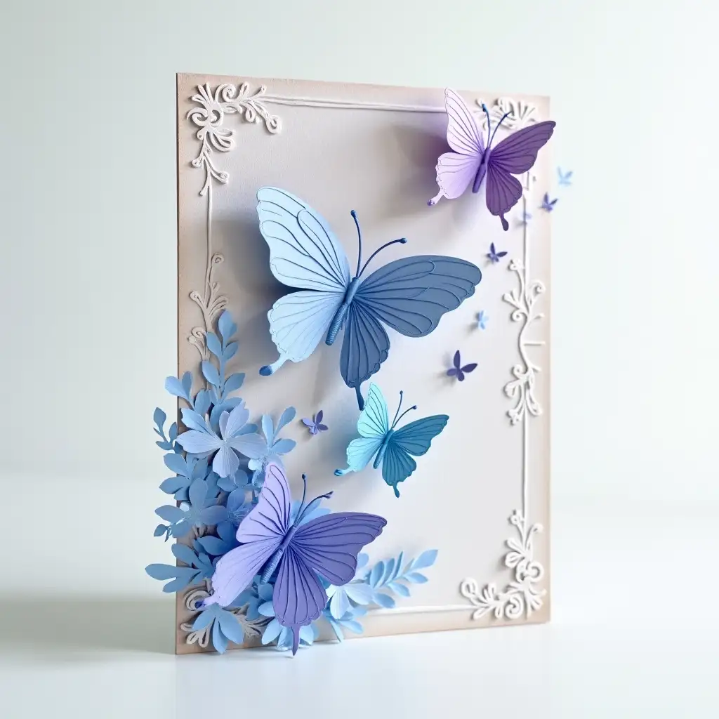 3D Paper Butterflies in Blue and Lavender on Embossed Neutral Background