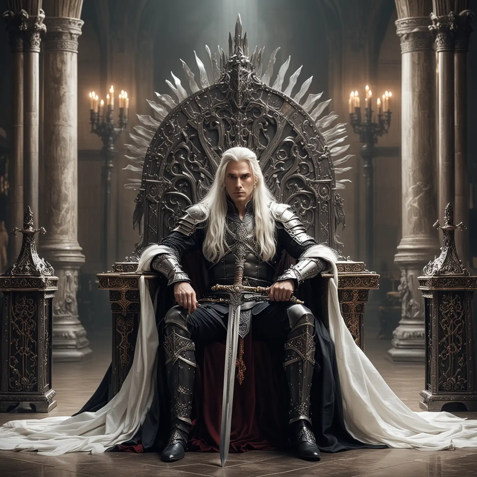 Yong fantasy middle age prince with long white hair sitting on throne with sword in armor in big hall