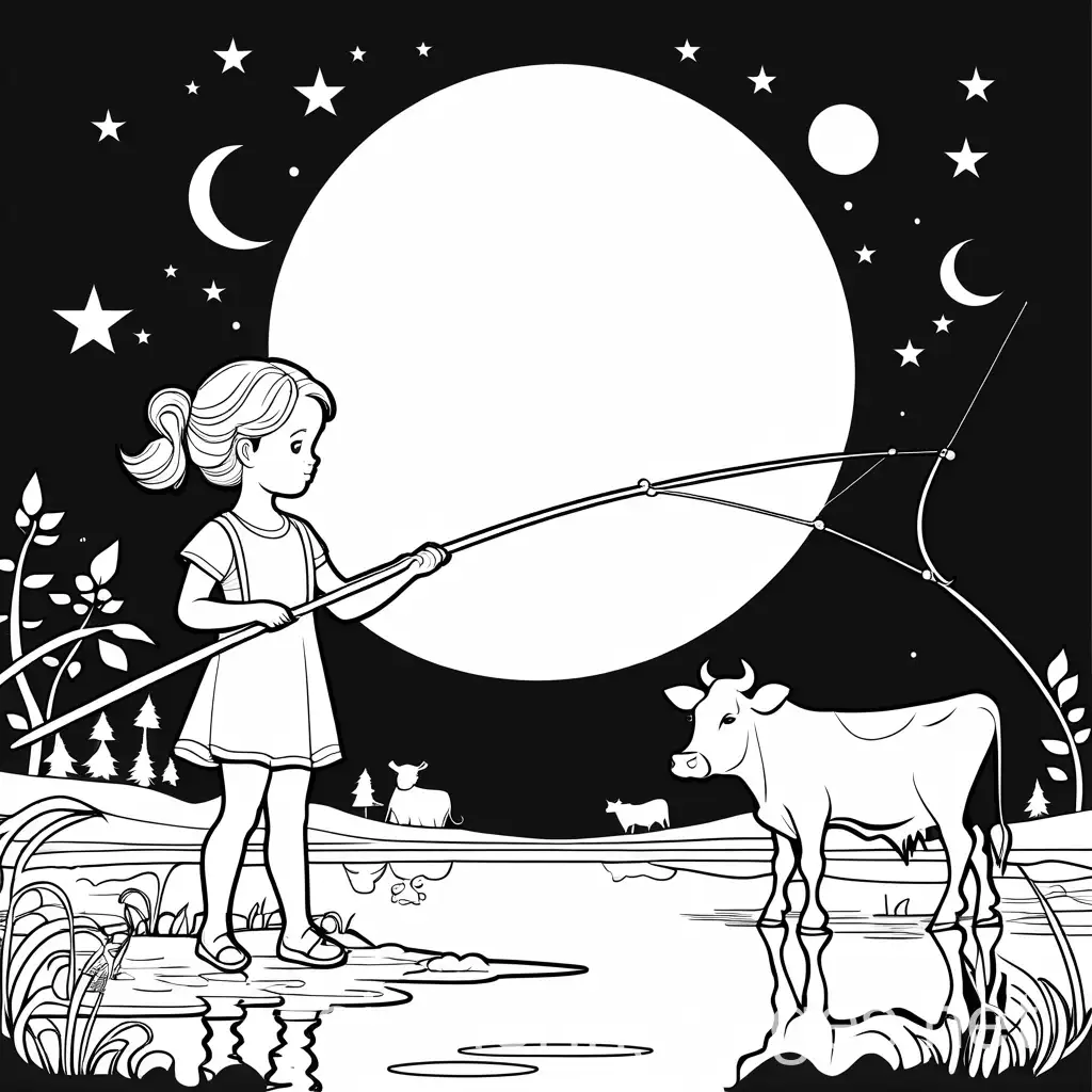 Young-Girl-Fishing-with-a-Cow-under-the-Moonlight