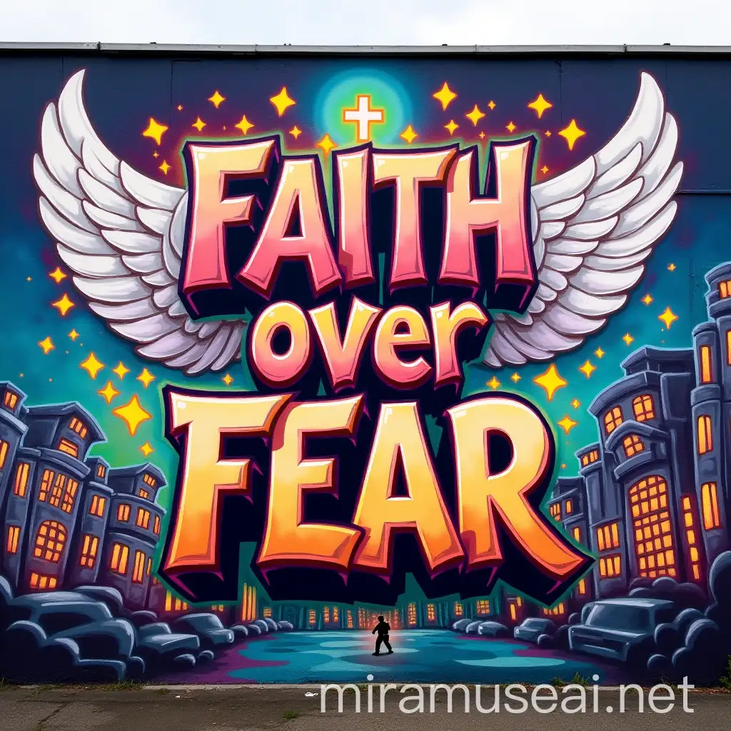 Urban Faith Mural with Angel Wings and Crosses