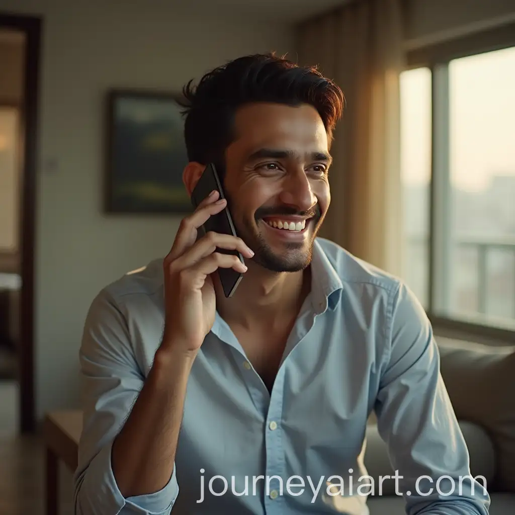 Indian-Man-Smiling-While-Talking-on-Smartphone-in-Modern-Apartment