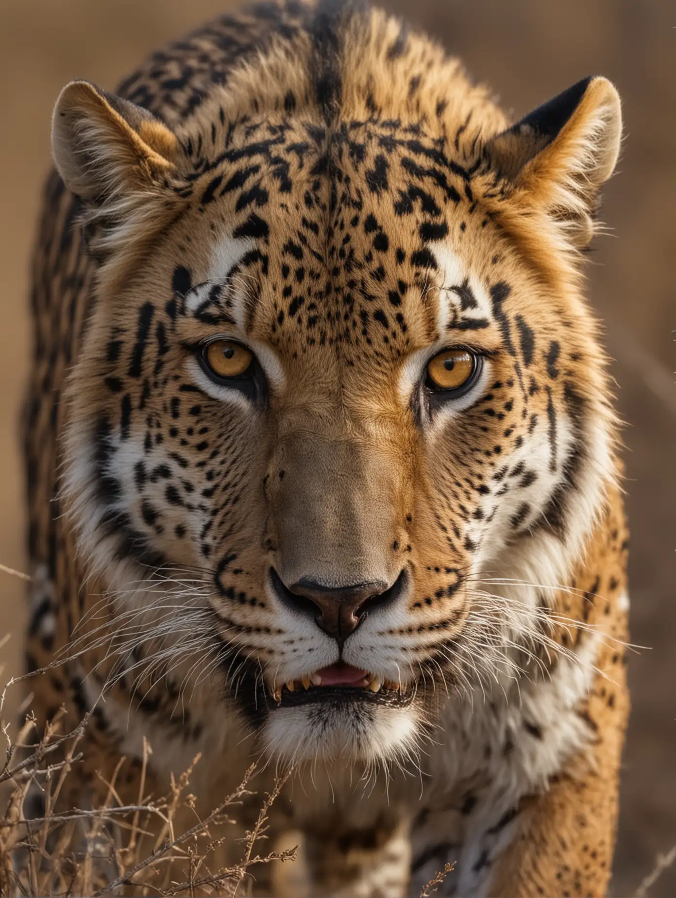 A Wildlife-shot of a fierce predator on the hunt, with an intense gaze.