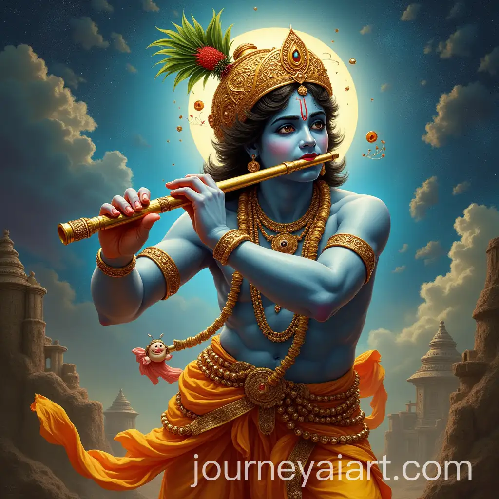 Lord-Krishna-Playing-Flute-with-Vrindavan-Background-in-Cosmic-Cycle-of-Creation-Sustenance-and-Destruction