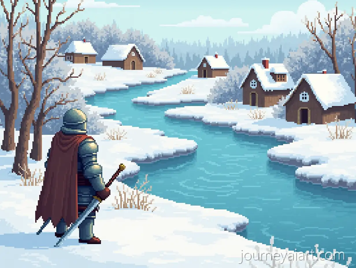 Medieval-Knight-in-PlateMedieval-figure-in-winter-Armor-Standing-by-Snowy-River-with-Rustic-Village-in-Background