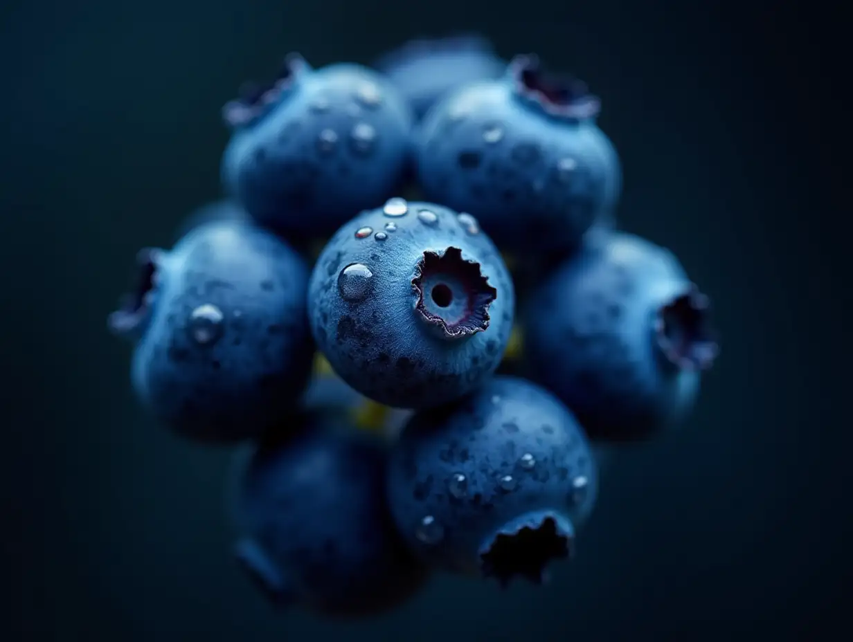 A professional photograph of a close-up blueberry cluster, each indigo berry showing a dusty bloom and dimples, water droplets clinging to their curves. Shallow depth of field, one berry sharply focused, others softly blurred against a dark background. Vibrant colors, thick fog, soft contrast and saturation, lively and energetic feel. Associated Press style, Photo of the Year quality.