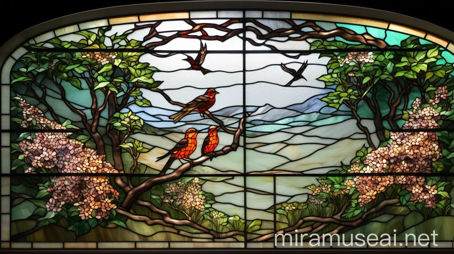 Tiffany Stained Glass Window with Blooming Shrubbery and Bird