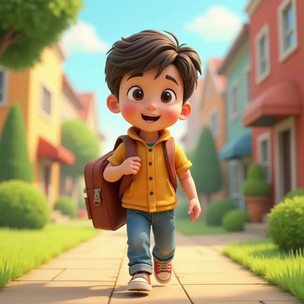 3D ANIMATED TALKING YOUNG BOY CARRYING A SCHOOL BAG MOVING IN A PATH