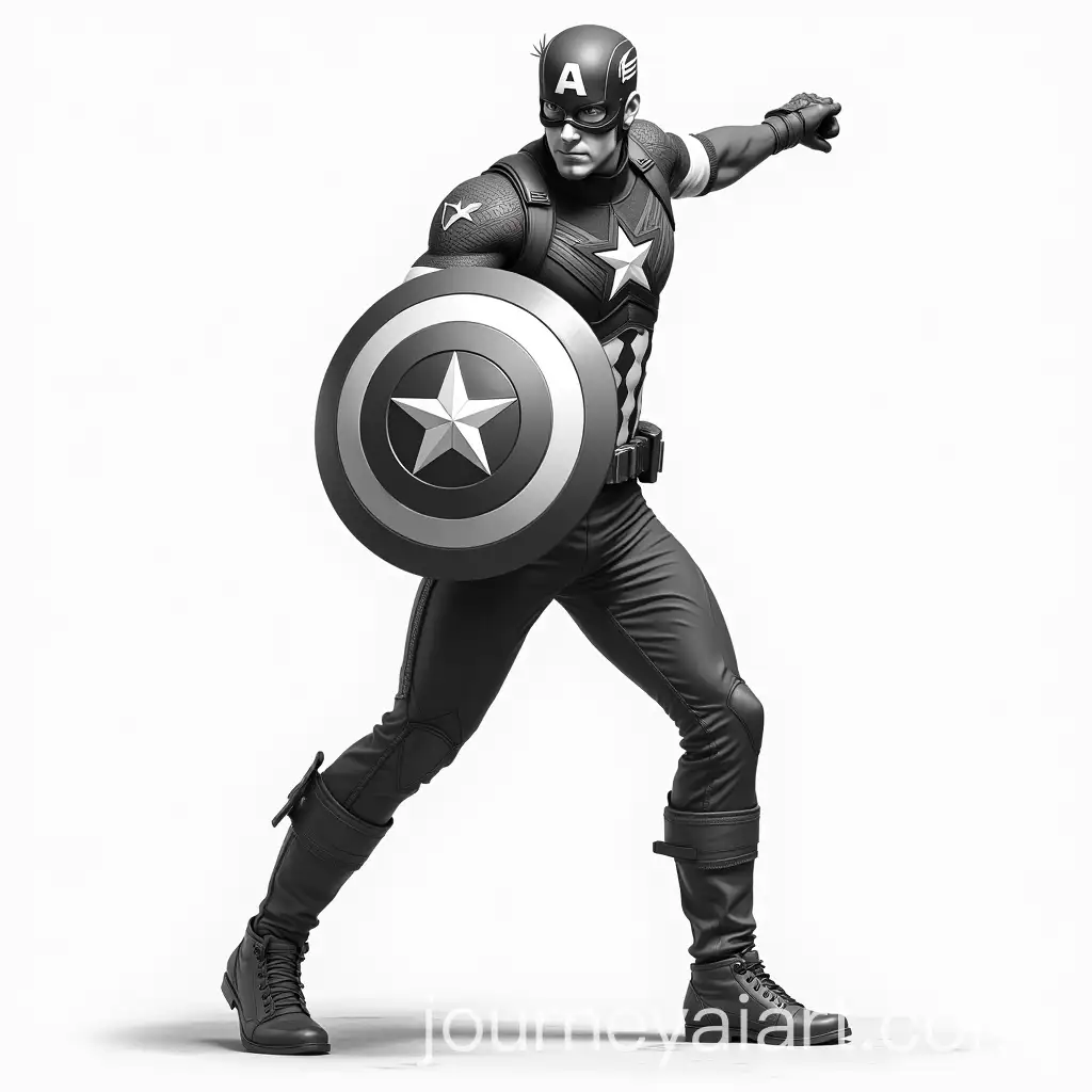 Captain-America-in-Action-FullBody-Pose-Throwing-Shield-in-Black-and-White