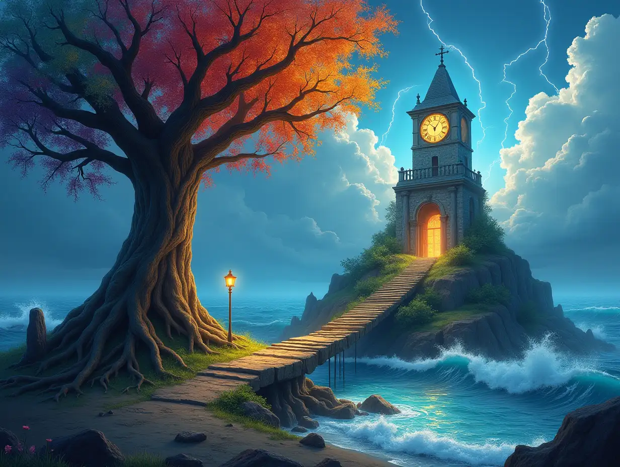 Creating a digital painting transforms a hand with rainbow root hair with a building of stones and lighting. Trees with roots and rocks and lantern at the sea, with large clock.with a big tower up to the sky Laterns and and the sun shines through the clouds, from the sea is a stairway to heaven Very big waves and lightning