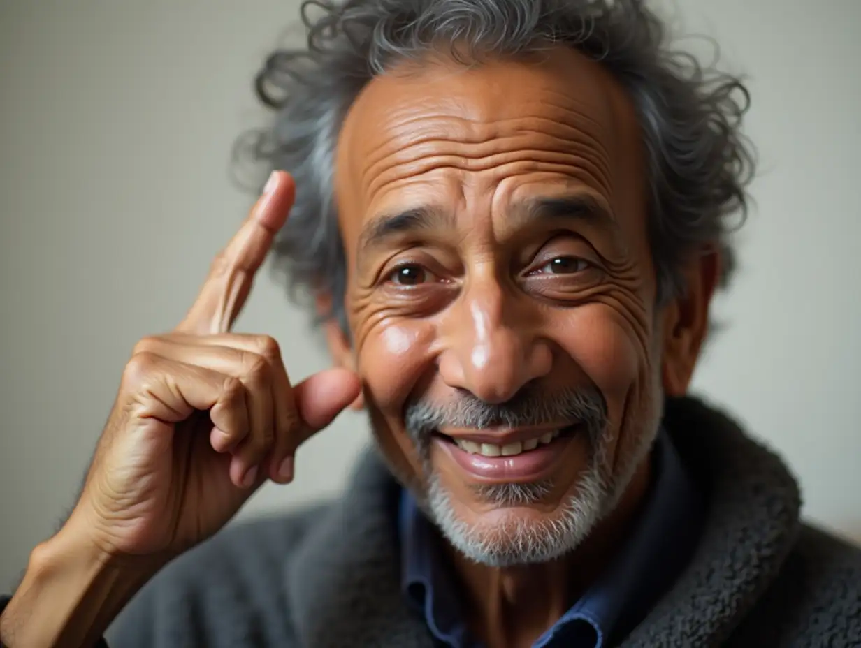 A portrait of the author of V.S Naipaul, with him smiling and pointing his index finger to his head, symbolizing the act of asking people to think.