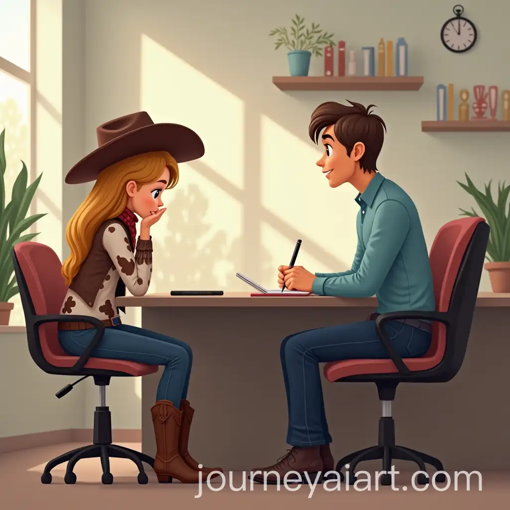 Girl-in-Cowboy-Costume-Sitting-at-Psychologists-Reception-in-Modern-Office