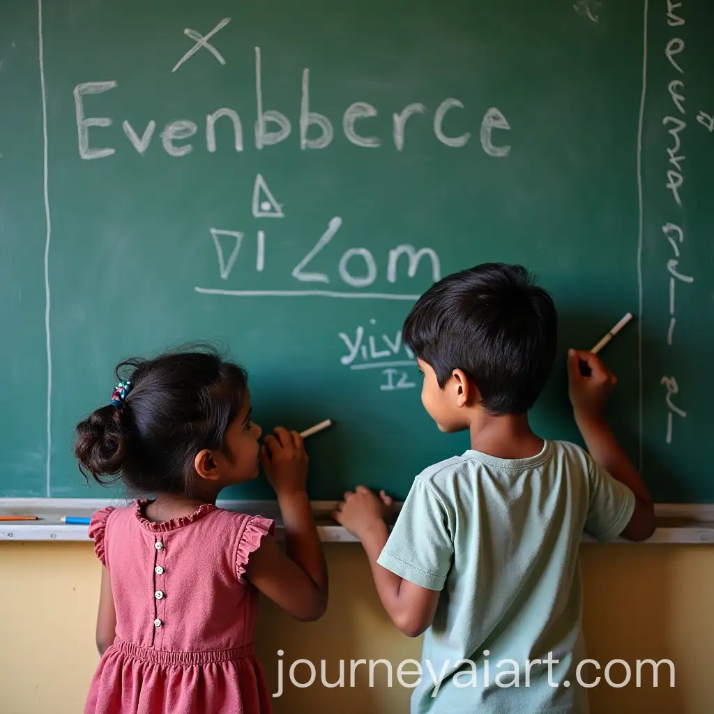 Indian-Children-Writing-on-a-Green-Blackboard-Back-View