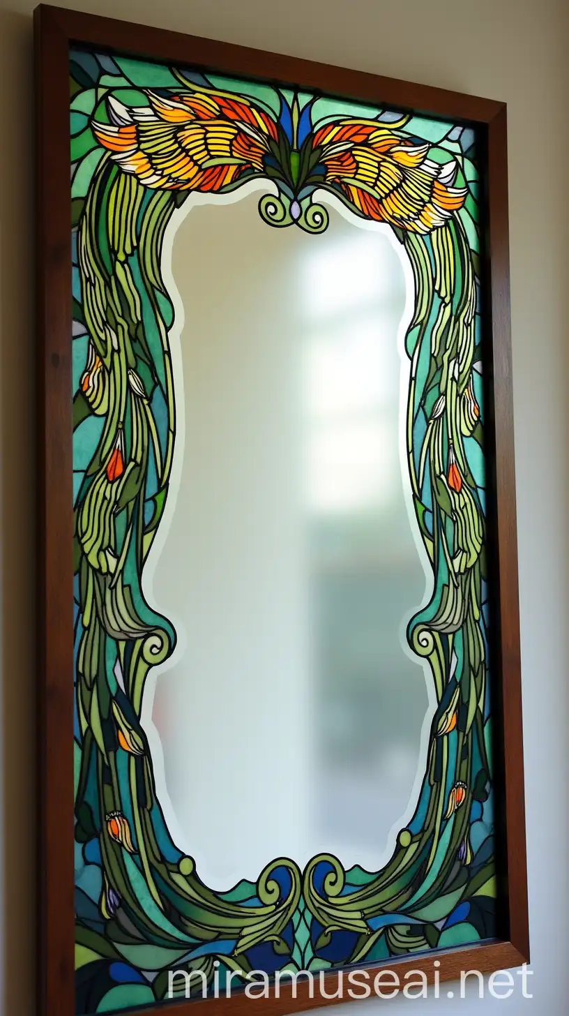 Art Nouveau Stained Glass Mirror with Peacock Feather Accents