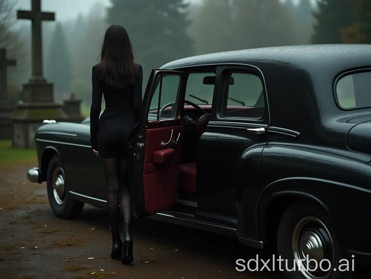 slim long-haired dark beauty on laced pointed heels with narrow ultra high heels, getting into an old black limousine at a cemetery in front of a cross